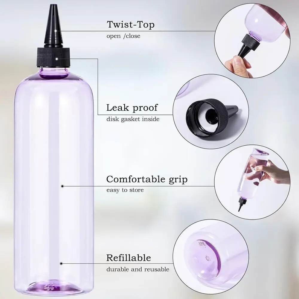 Yebeauty Hair Color Bottle 16.9 oz Clear Purple Twist On Top Tip Cap 10ct New